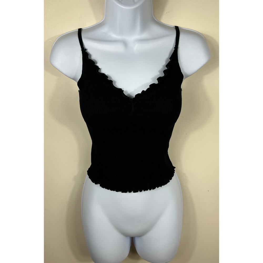 Out From Under Cami Top Women M/L Black Ribbed Lettuce Edge Cinched Y2K Dainty